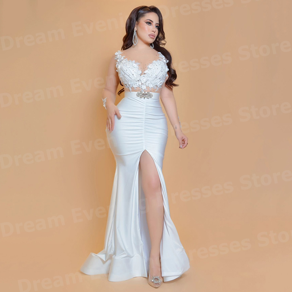 Zarif Beyaz Denizkızı Kadın Ab - Elegant Satin Evening Gown Split incelemesi ve fiyatı
