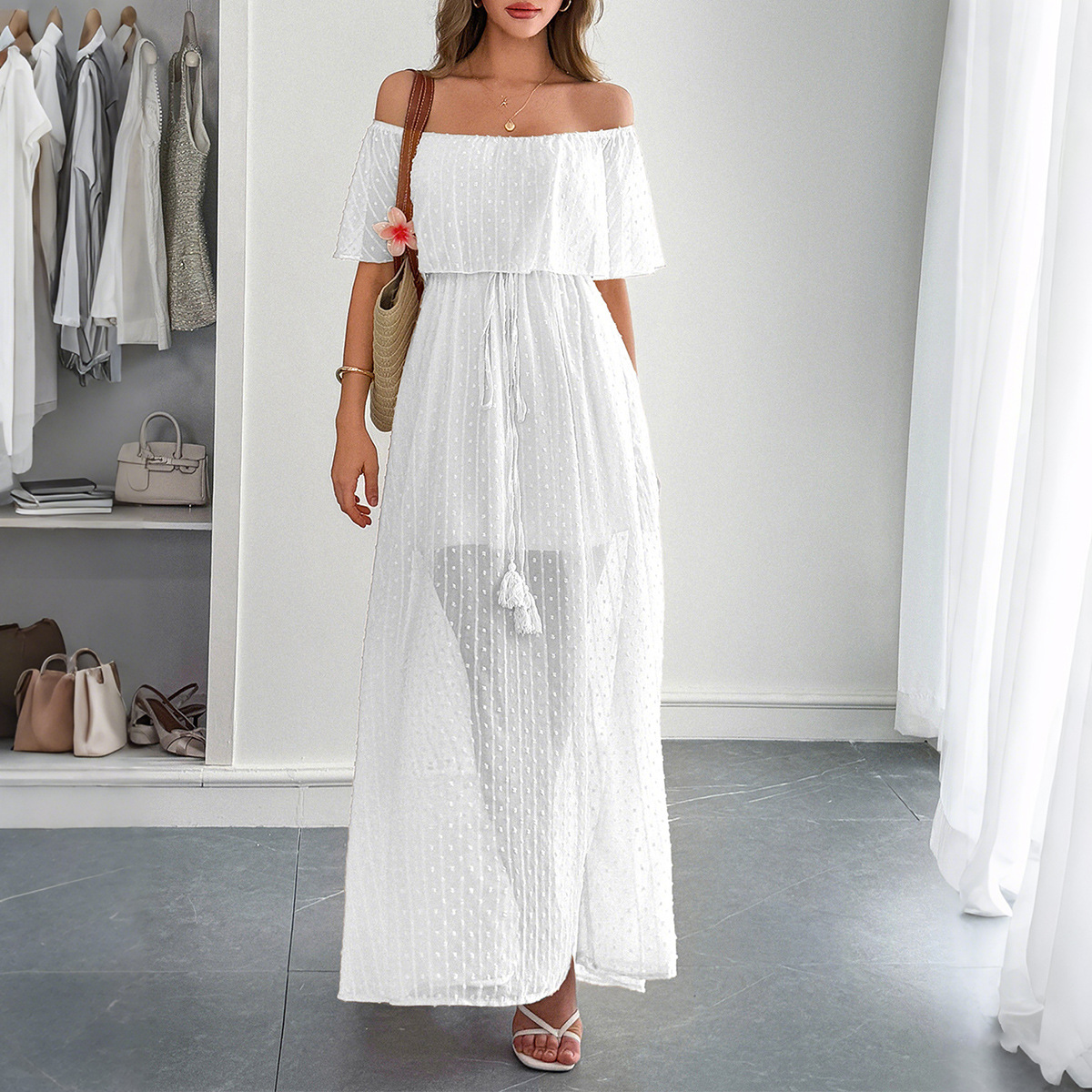 Zarif kadın yaz rahat nokta ka - Off Shoulder Puff Sleeve Sundress incelemesi ve fiyatı