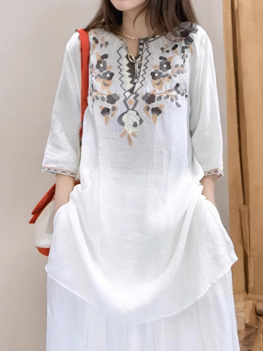 Zarif İşlemeli Keten Gömlek El - Casual Loose Linen Shirt Dress incelemesi ve fiyatı