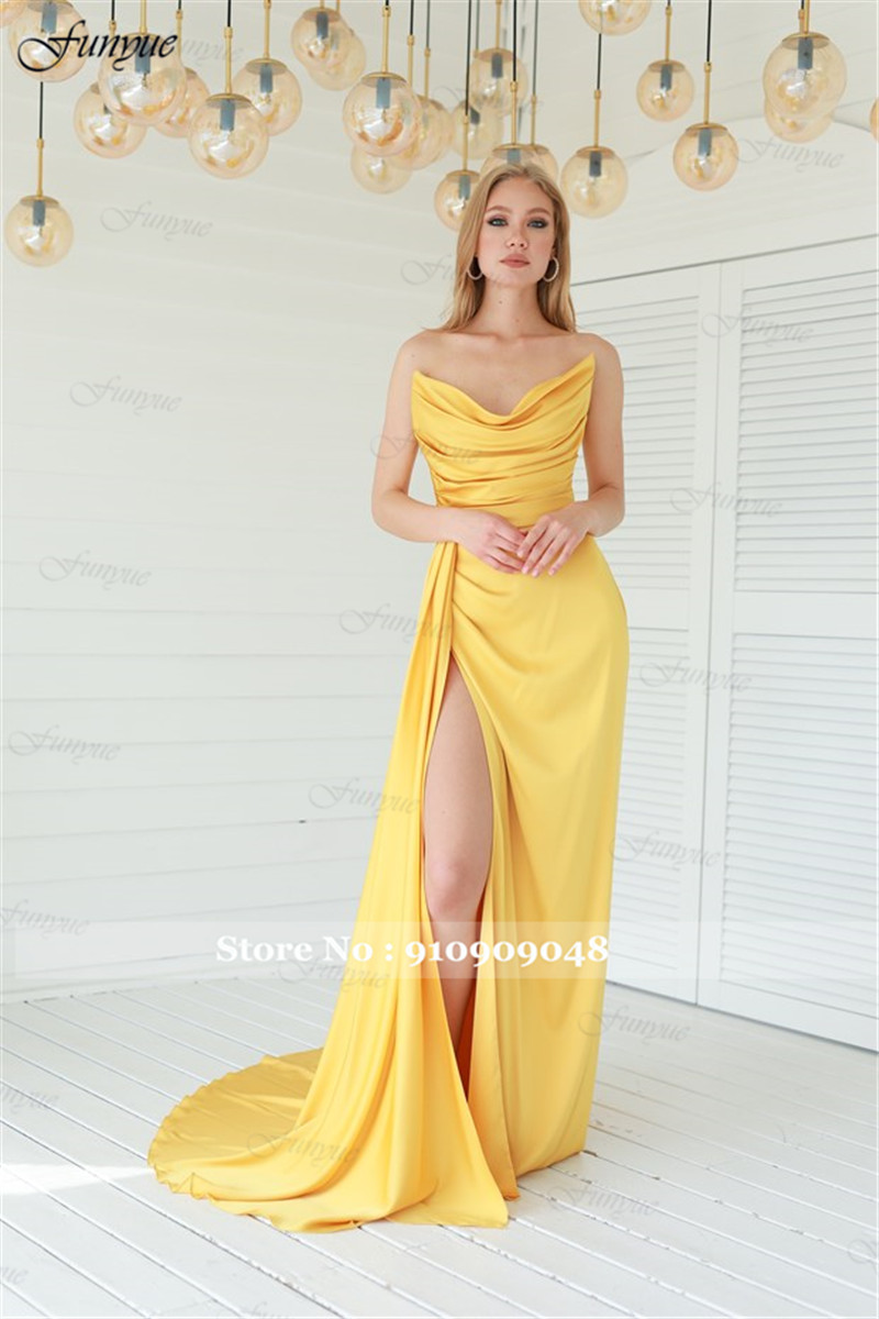 Zarif Straplez Abiye Elbiseler - Elegant Satin Evening Gown Split incelemesi ve fiyatı