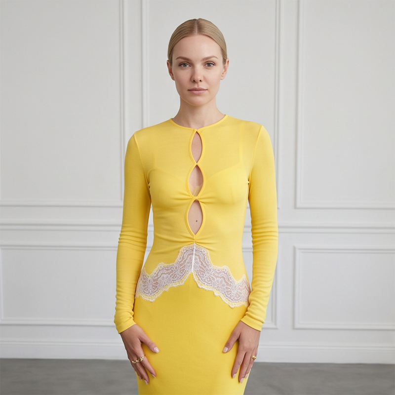 Kadın Sarı Dantel Detaylı Uzun - Bodycon Long Sleeve Ribbed Dress incelemesi ve fiyatı