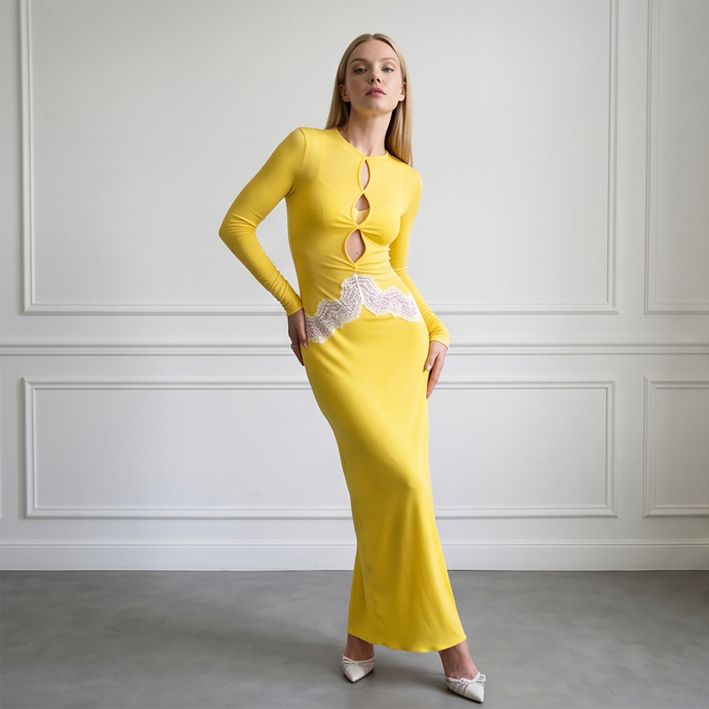 Kadın Sarı Dantel Detaylı Uzun - Bodycon Long Sleeve Ribbed Dress incelemesi ve fiyatı