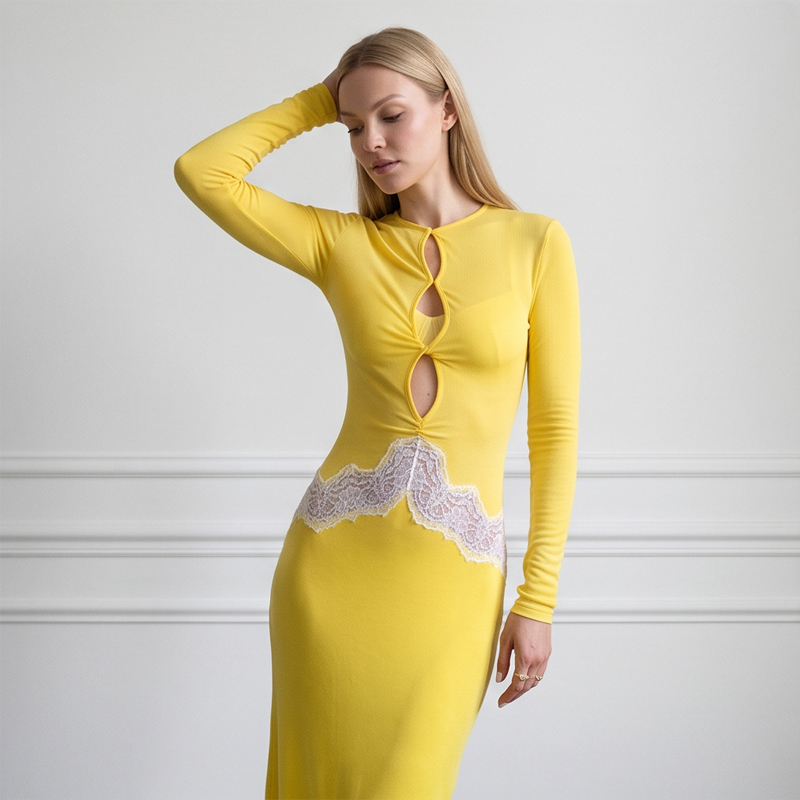 Kadın Sarı Dantel Detaylı Uzun - Bodycon Long Sleeve Ribbed Dress incelemesi ve fiyatı