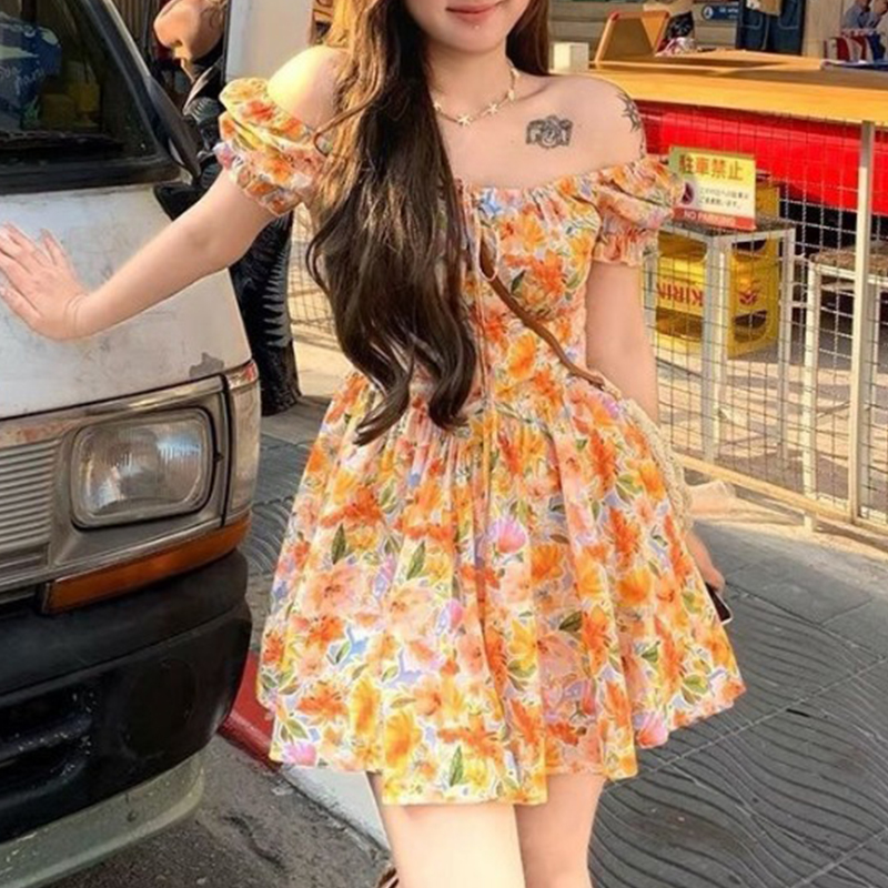 2026 yeni turuncu çiçek desenl - Off Shoulder Puff Sleeve Sundress incelemesi ve fiyatı