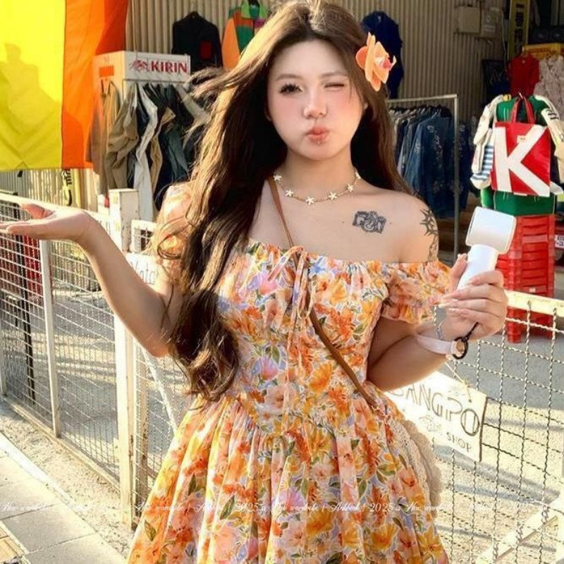 2026 yeni turuncu çiçek desenl - Off Shoulder Puff Sleeve Sundress incelemesi ve fiyatı