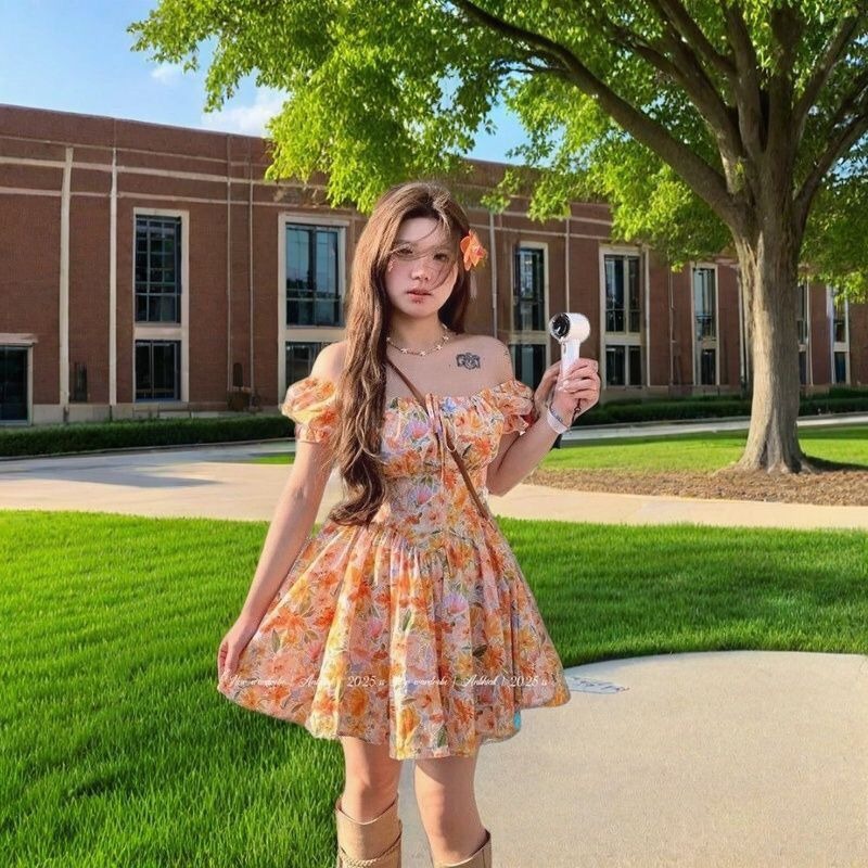 2026 yeni turuncu çiçek desenl - Off Shoulder Puff Sleeve Sundress incelemesi ve fiyatı