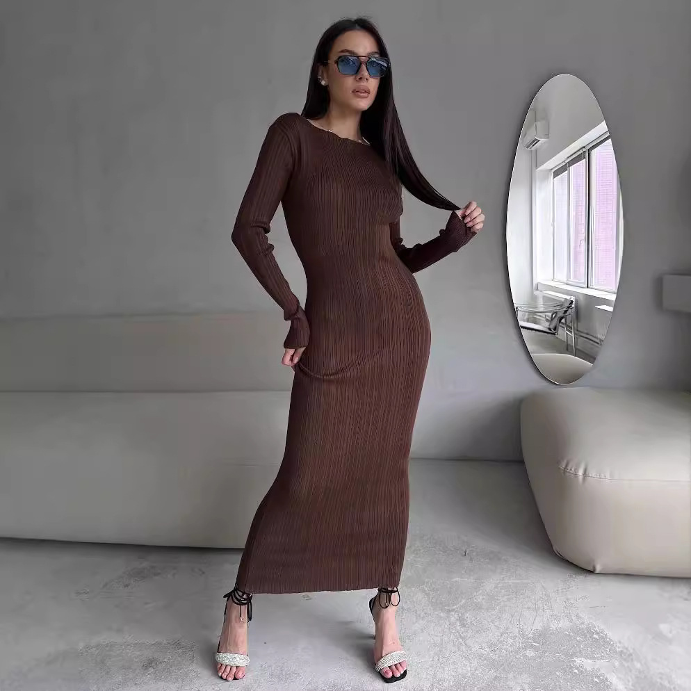 Kadınlar için Zarif Yuvarlak Y - Bodycon Long Sleeve Ribbed Dress incelemesi ve fiyatı