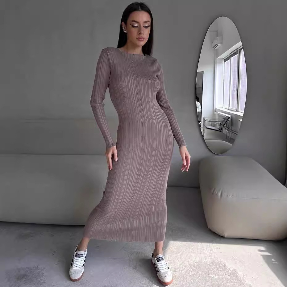 Kadınlar için Zarif Yuvarlak Y - Bodycon Long Sleeve Ribbed Dress incelemesi ve fiyatı
