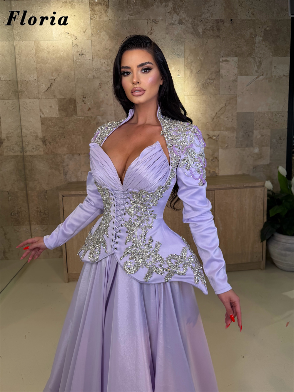 Lila Zarif Üç Parçalı Boncuklu - Elegant Satin Evening Gown Split incelemesi ve fiyatı