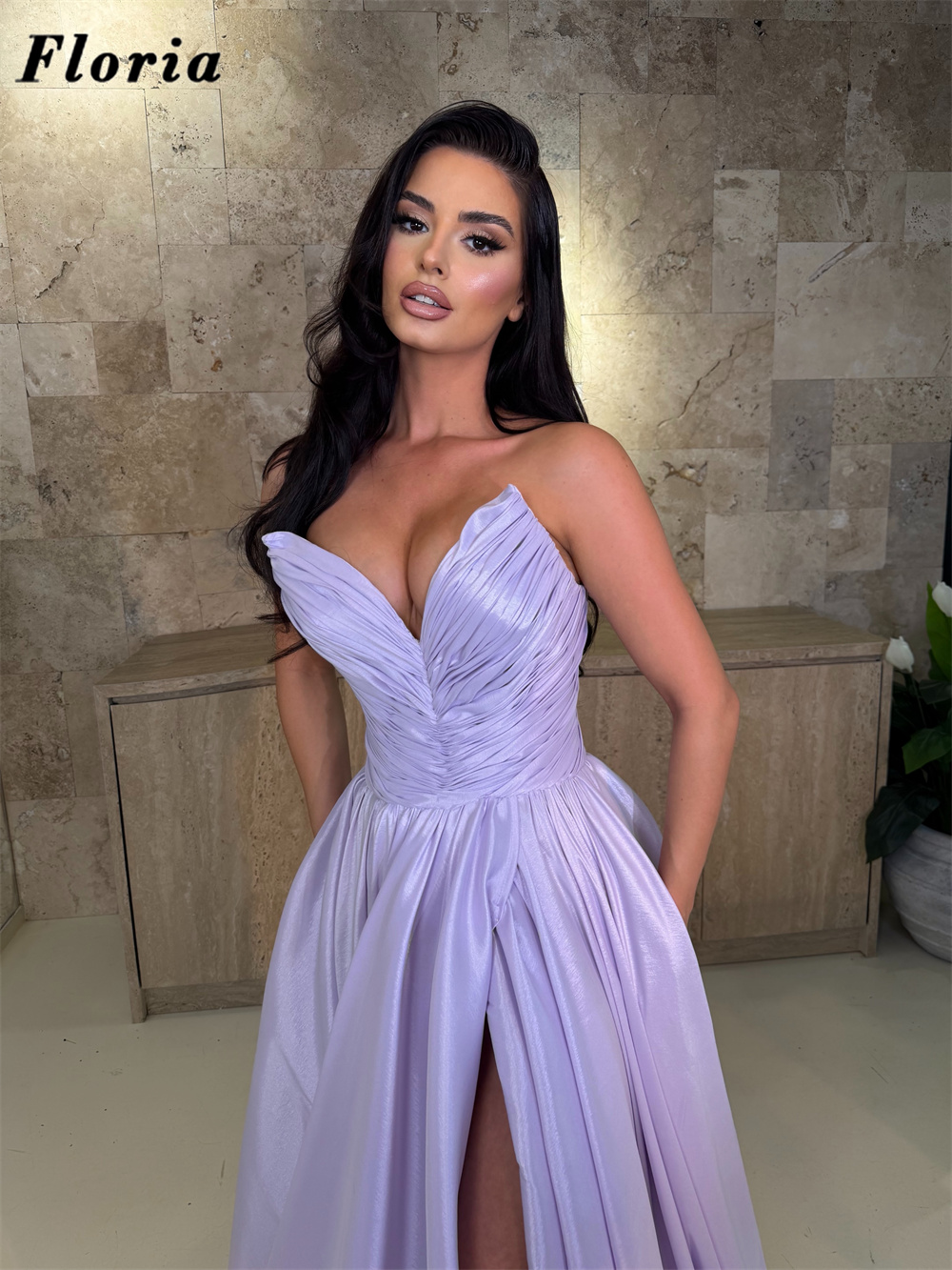 Lila Zarif Üç Parçalı Boncuklu - Elegant Satin Evening Gown Split incelemesi ve fiyatı