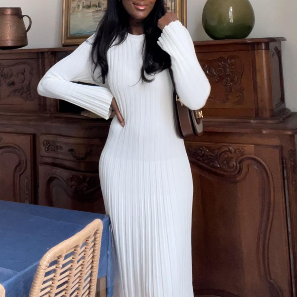 Fitilli Örme Elbise Kadın Uzun - Bodycon Long Sleeve Ribbed Dress incelemesi ve fiyatı