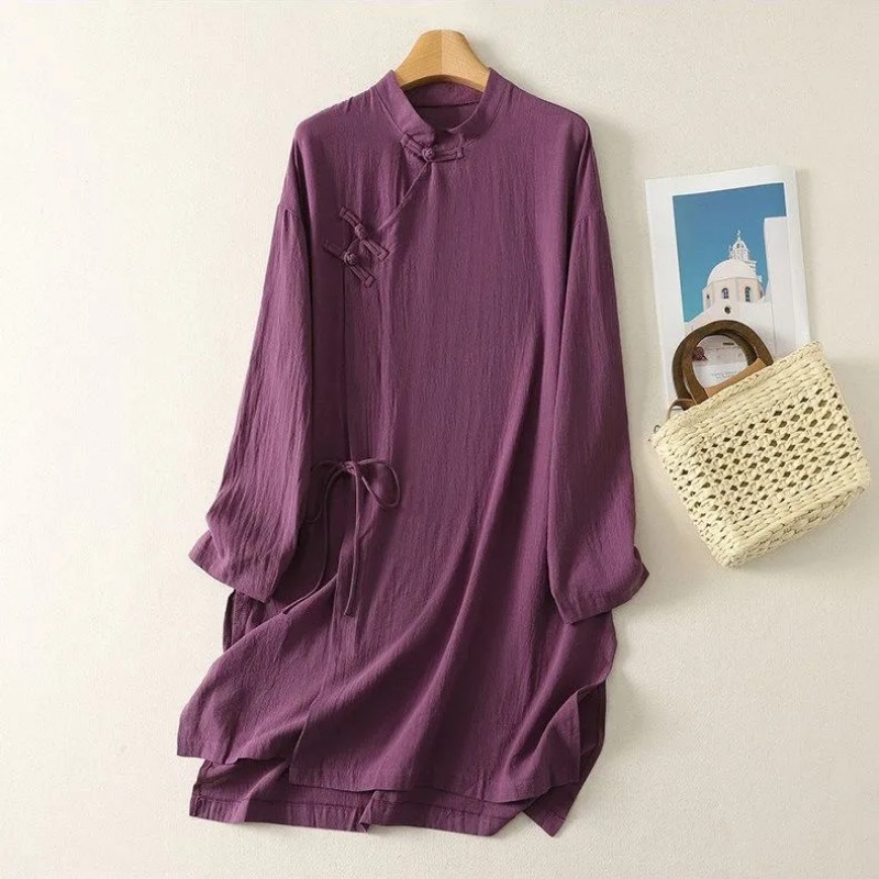 Kadın Çin Tarzı Kurbağa Düğmel - Casual Loose Linen Shirt Dress incelemesi ve fiyatı