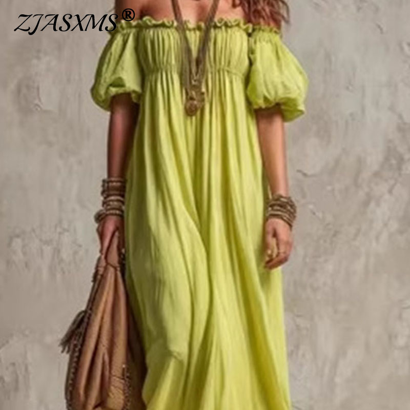 Kadınlar İçin Elastik Belli Gü - Off Shoulder Puff Sleeve Sundress incelemesi ve fiyatı
