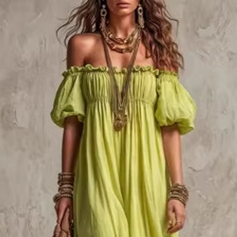 Kadınlar İçin Elastik Belli Gü - Off Shoulder Puff Sleeve Sundress incelemesi ve fiyatı