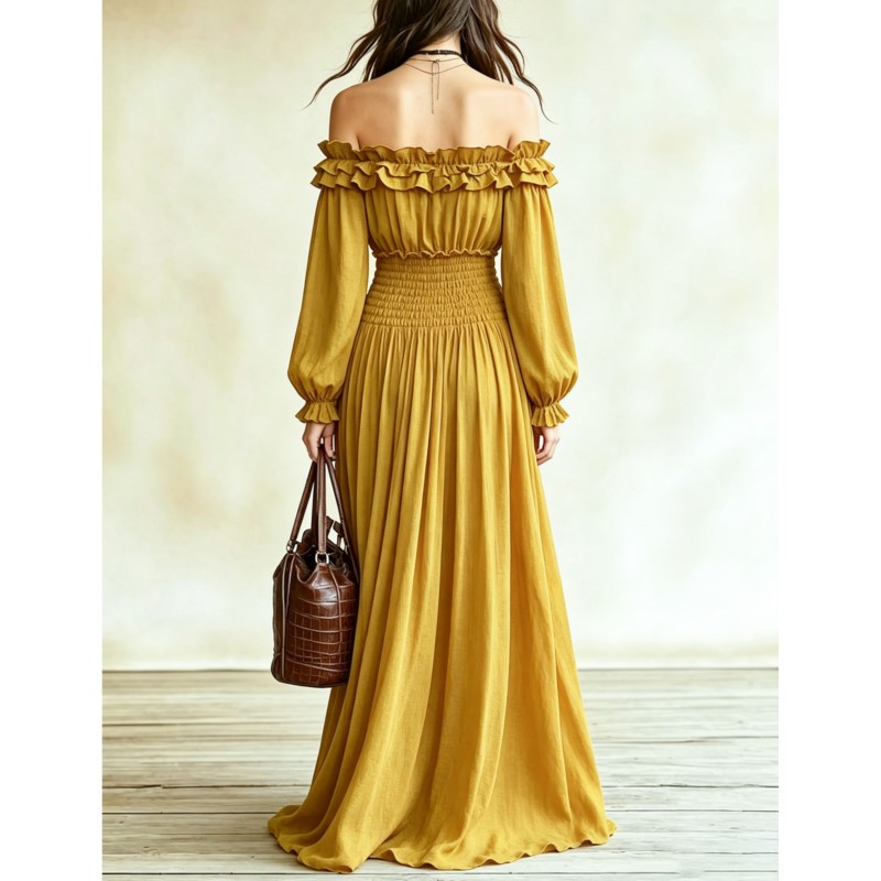 Omuzları Açık Moda Uzun Elbise - Off Shoulder Puff Sleeve Sundress incelemesi ve fiyatı