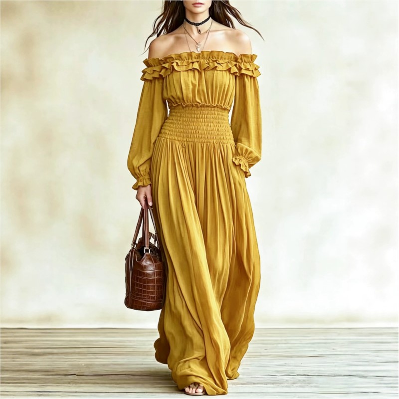 Omuzları Açık Moda Uzun Elbise - Off Shoulder Puff Sleeve Sundress incelemesi ve fiyatı