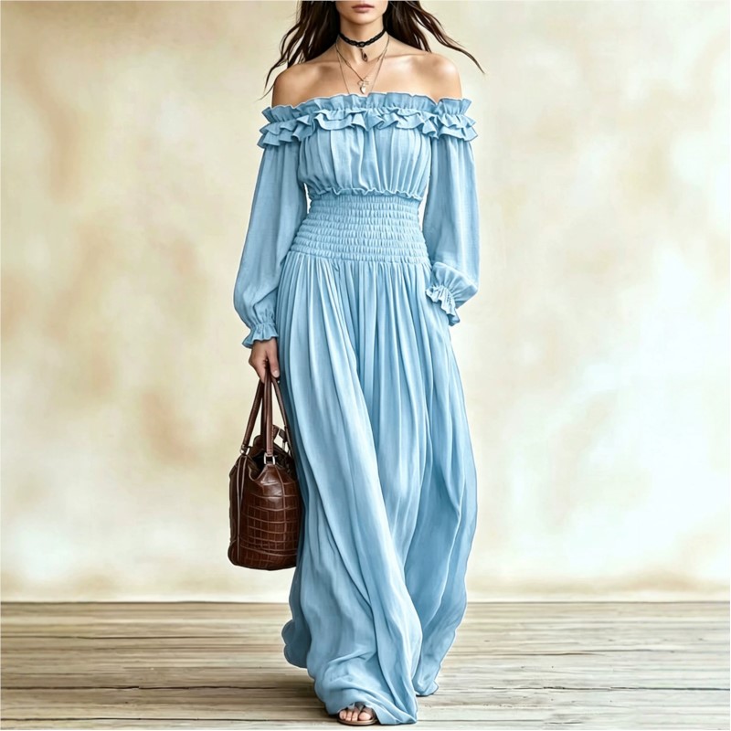 Omuzları Açık Moda Uzun Elbise - Off Shoulder Puff Sleeve Sundress incelemesi ve fiyatı