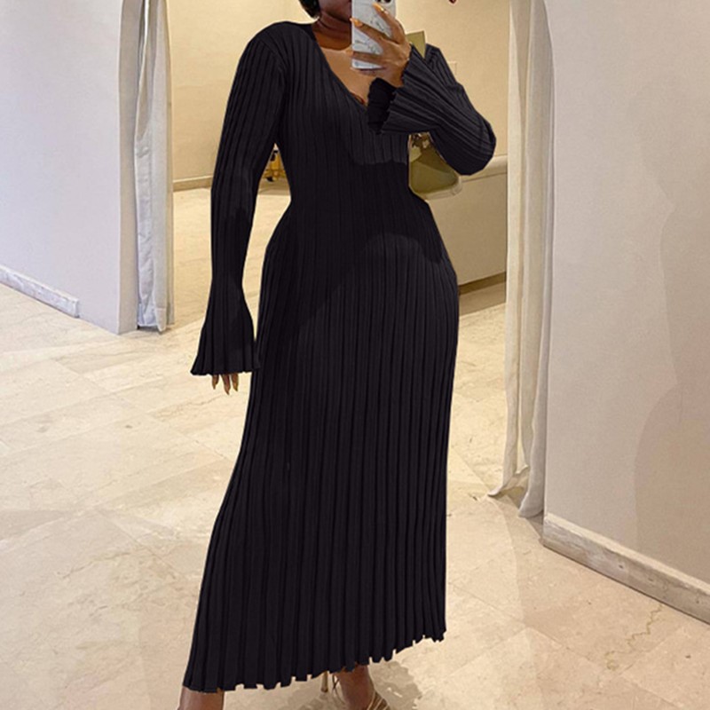 Kadın Sonbahar V Yaka Örgü Ete - Bodycon Long Sleeve Ribbed Dress incelemesi ve fiyatı