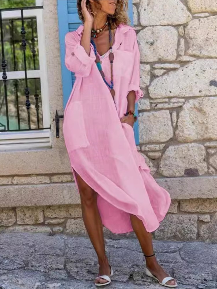 Beyaz kadın Gömlek Elbise Düz  - Casual Loose Linen Shirt Dress incelemesi ve fiyatı