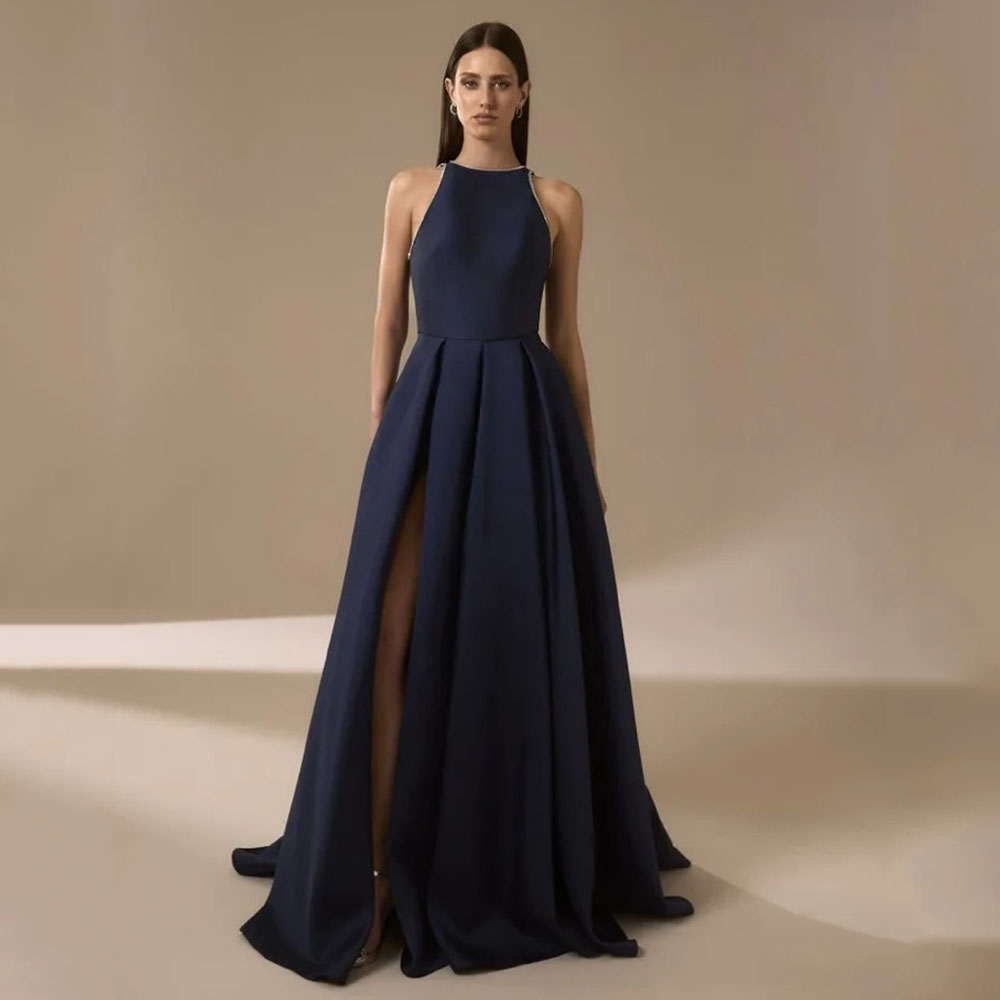 Kadınlar için Lacivert Saten A - Elegant Satin Evening Gown Split incelemesi ve fiyatı