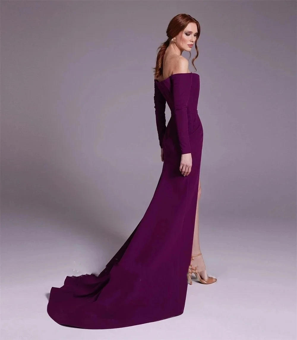 Zarif mor saten off-omuz kılıf - Elegant Satin Evening Gown Split incelemesi ve fiyatı